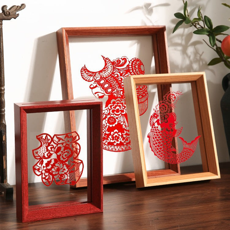 Chinese-style double-sided transparent photo frame display stand, New Year paper-cutting fortune character calligraphy framed ornament, specimen display shelf