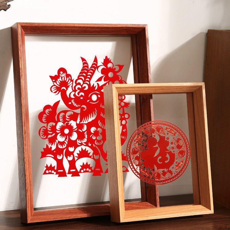 Chinese-style double-sided transparent photo frame display stand, New Year paper-cutting fortune character calligraphy framed ornament, specimen display shelf