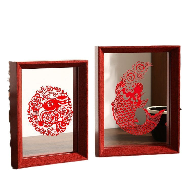 Chinese-style double-sided transparent photo frame display stand, New Year paper-cutting fortune character calligraphy framed ornament, specimen display shelf